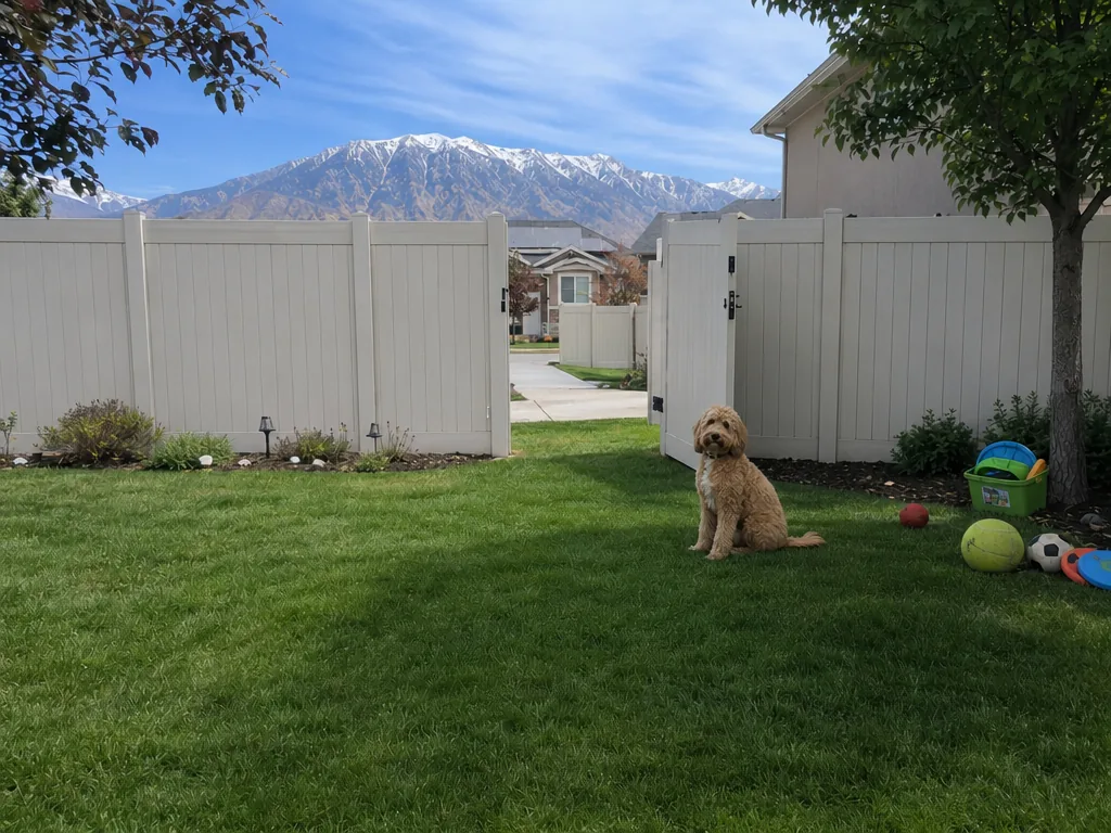 A tidy, service-ready backyard with trimmed grass and an open gate before a Scoopie visit
